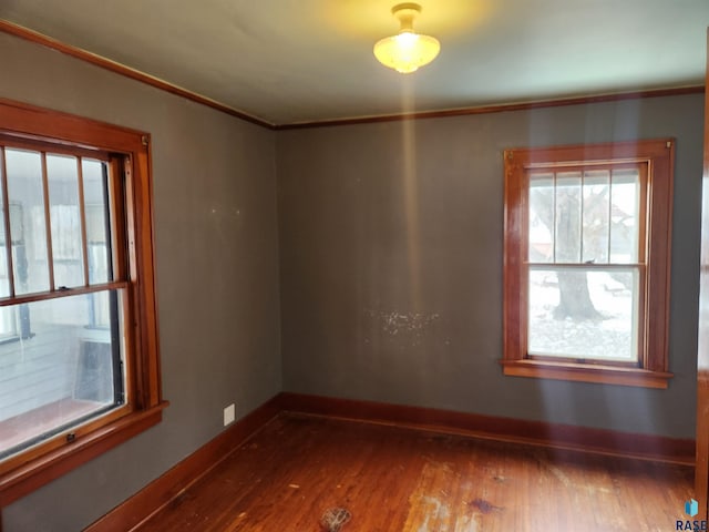 unfurnished room with hardwood / wood-style floors and ornamental molding