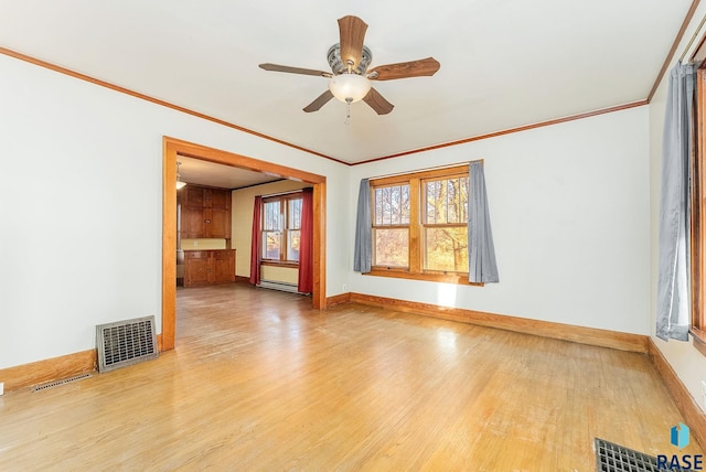 unfurnished living room with ceiling fan, hardwood / wood-style floors, and ornamental molding