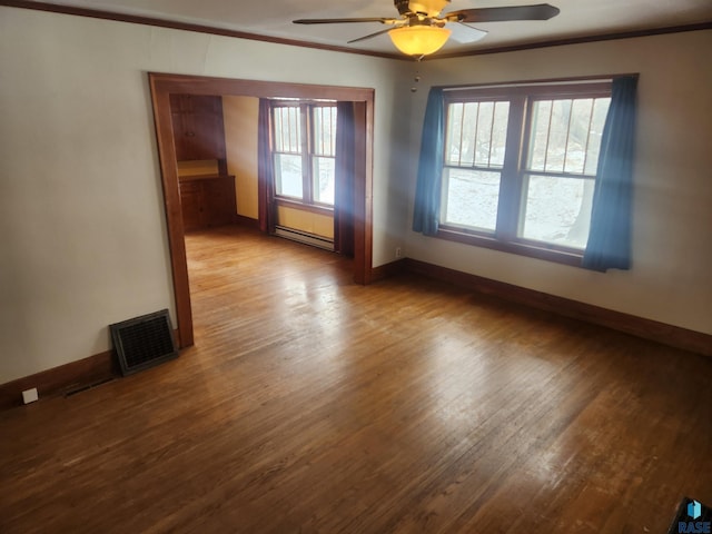 unfurnished room with baseboard heating, crown molding, ceiling fan, and light hardwood / wood-style floors