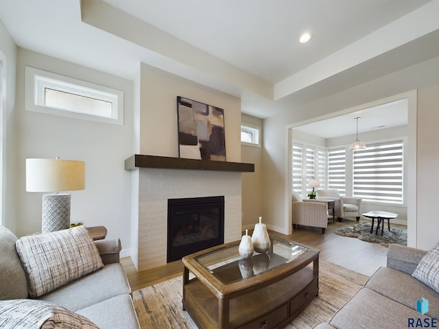 living room with a raised ceiling and light wood-type flooring