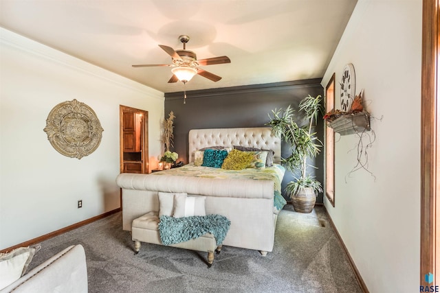 bedroom featuring crown molding, carpet flooring, and ceiling fan