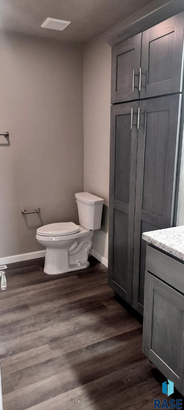 bathroom with hardwood / wood-style flooring, vanity, and toilet