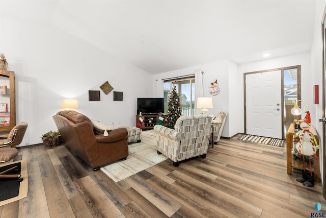 living room with wood-type flooring and lofted ceiling