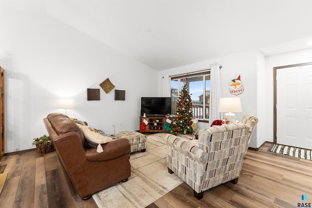 living room with hardwood / wood-style flooring and vaulted ceiling