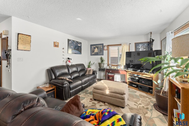 living room featuring a textured ceiling