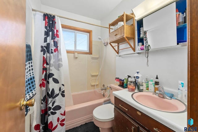 full bathroom featuring vanity, toilet, and shower / tub combo with curtain