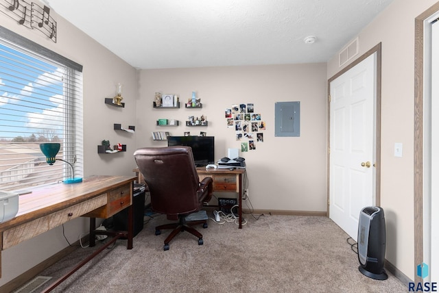 home office featuring electric panel and light colored carpet