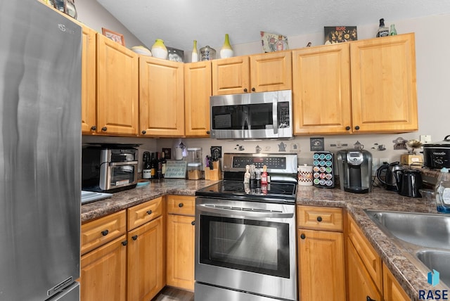 kitchen with appliances with stainless steel finishes, a textured ceiling, and sink