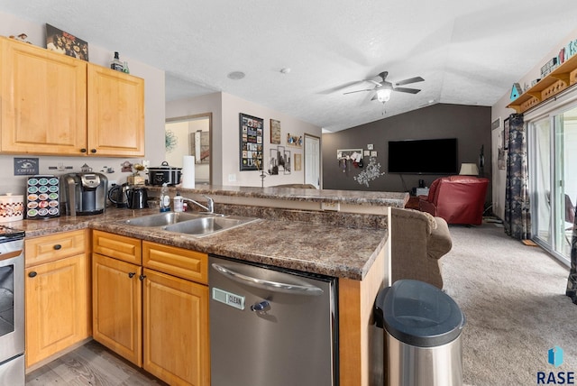 kitchen featuring kitchen peninsula, sink, stainless steel appliances, and vaulted ceiling