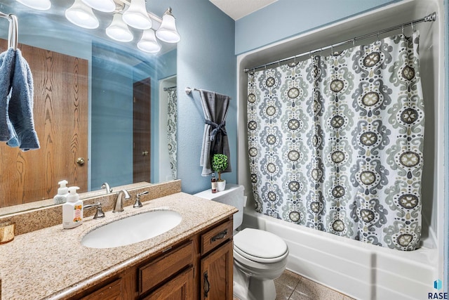 full bathroom with tile patterned floors, vanity, toilet, and shower / bath combo with shower curtain