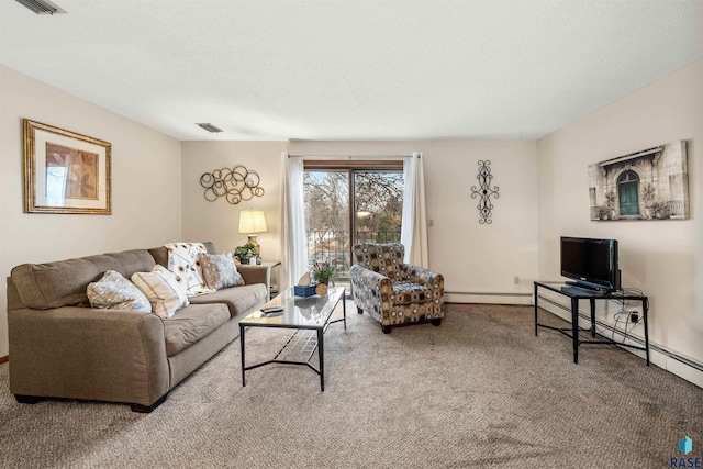 carpeted living room featuring a textured ceiling and a baseboard heating unit