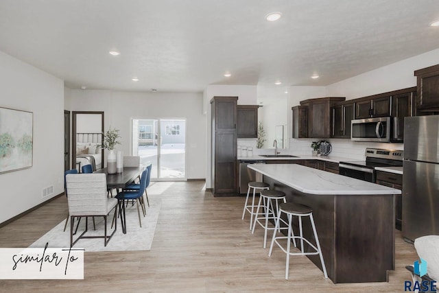 kitchen featuring a center island, backsplash, sink, light wood-type flooring, and stainless steel appliances