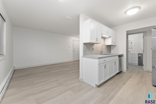 kitchen featuring white cabinetry, dishwasher, sink, baseboard heating, and light hardwood / wood-style floors