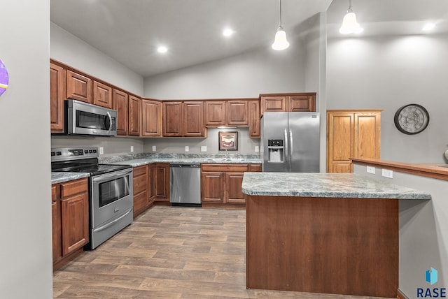 kitchen with sink, hanging light fixtures, high vaulted ceiling, appliances with stainless steel finishes, and hardwood / wood-style flooring