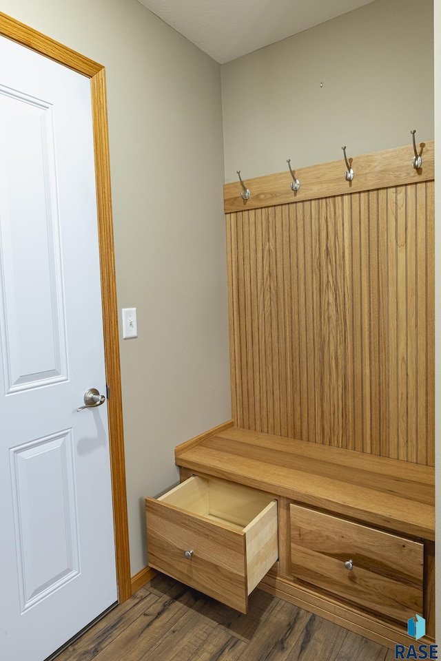 mudroom with dark hardwood / wood-style flooring