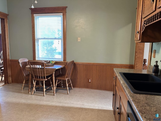 dining room with wood walls and sink