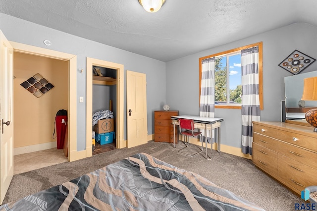 bedroom with a textured ceiling, carpet floors, and a closet