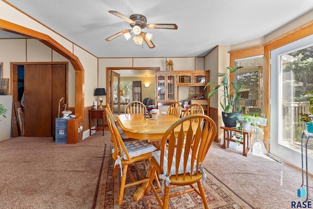 carpeted dining room with ceiling fan and a textured ceiling