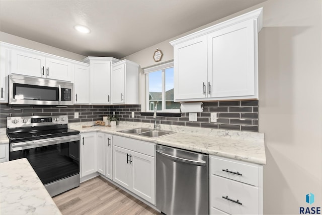 kitchen featuring white cabinetry, sink, appliances with stainless steel finishes, and tasteful backsplash