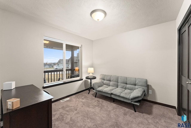 living room with carpet and a textured ceiling