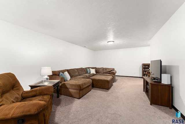 carpeted living room with a textured ceiling