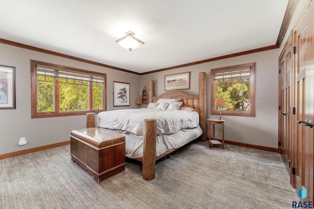 bedroom featuring light carpet and crown molding