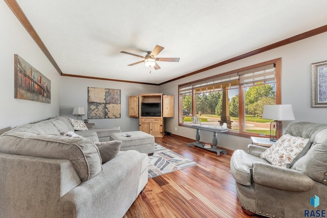 living room with hardwood / wood-style flooring, ceiling fan, and crown molding