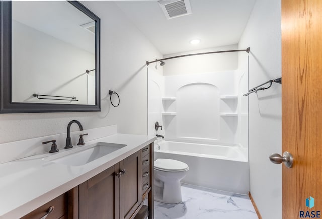 full bathroom featuring shower / washtub combination, vanity, and toilet