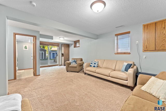 living room featuring light carpet and a textured ceiling