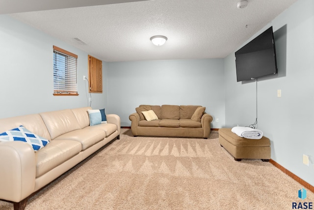 living room featuring carpet flooring and a textured ceiling