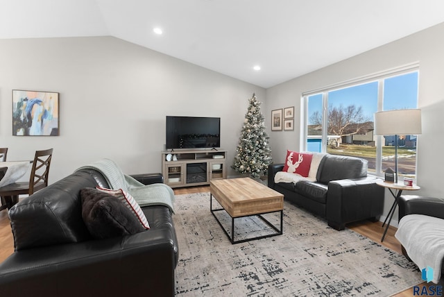 living room with light hardwood / wood-style floors and vaulted ceiling