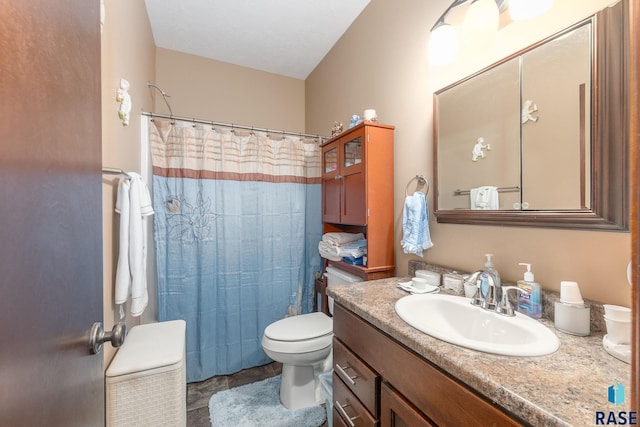 bathroom featuring vanity, toilet, and walk in shower