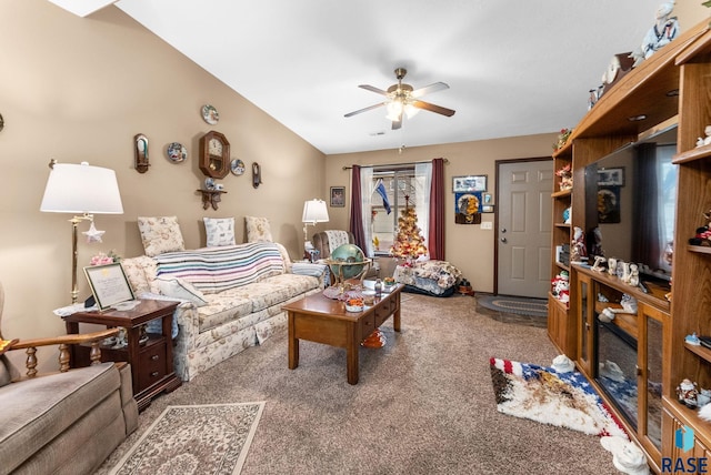 living room featuring ceiling fan and carpet floors