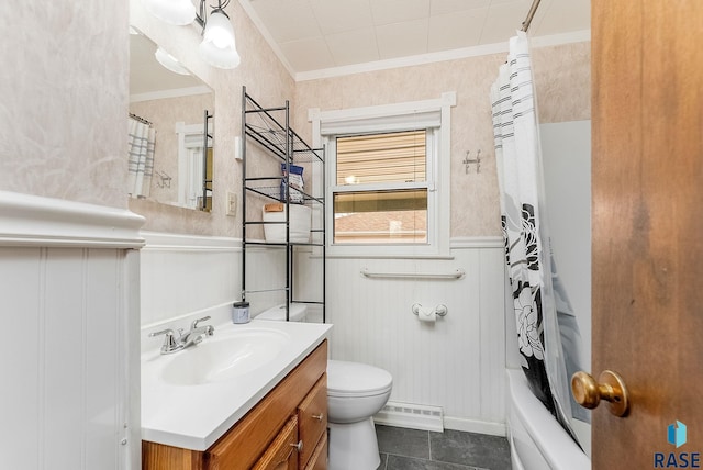 full bathroom featuring vanity, crown molding, a baseboard radiator, shower / bathtub combination with curtain, and toilet