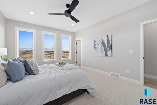 bedroom featuring carpet flooring and ceiling fan