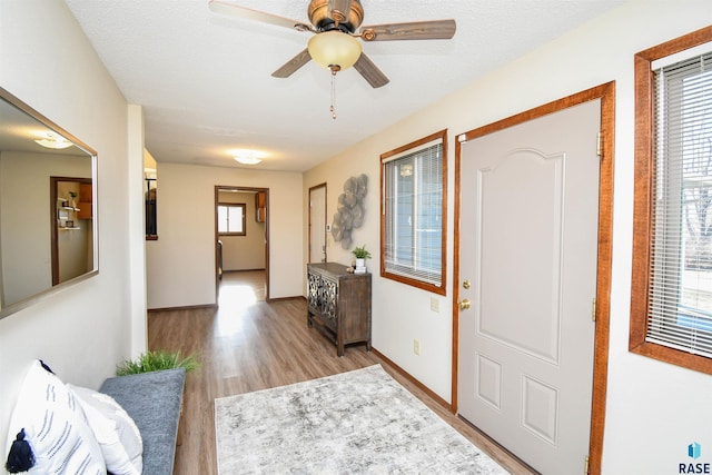 foyer entrance with a textured ceiling, light hardwood / wood-style floors, and ceiling fan