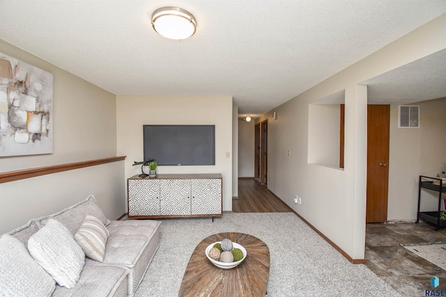 living room featuring carpet flooring and a textured ceiling