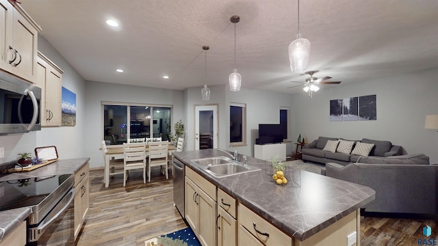 kitchen with appliances with stainless steel finishes, a kitchen island with sink, sink, wood-type flooring, and hanging light fixtures