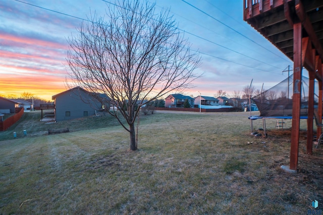 yard at dusk with a trampoline