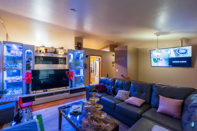 living room featuring wood-type flooring and vaulted ceiling