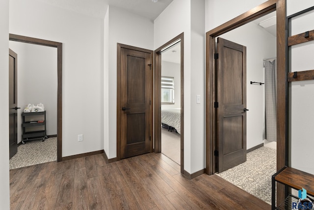 hallway with dark hardwood / wood-style flooring