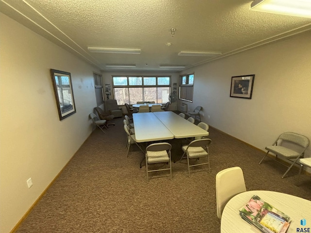 carpeted dining room with a textured ceiling