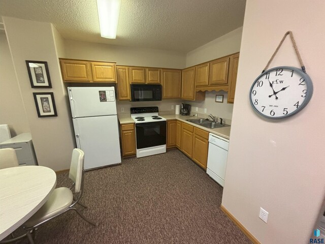 kitchen with dark colored carpet, white appliances, sink, and a textured ceiling