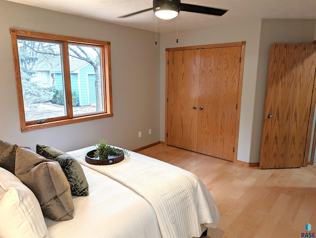 bedroom featuring ceiling fan, a closet, and light hardwood / wood-style floors