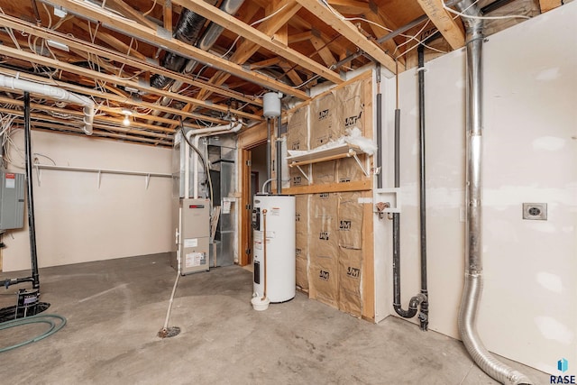 basement featuring heating unit and water heater