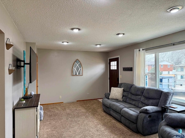 carpeted living room with a textured ceiling