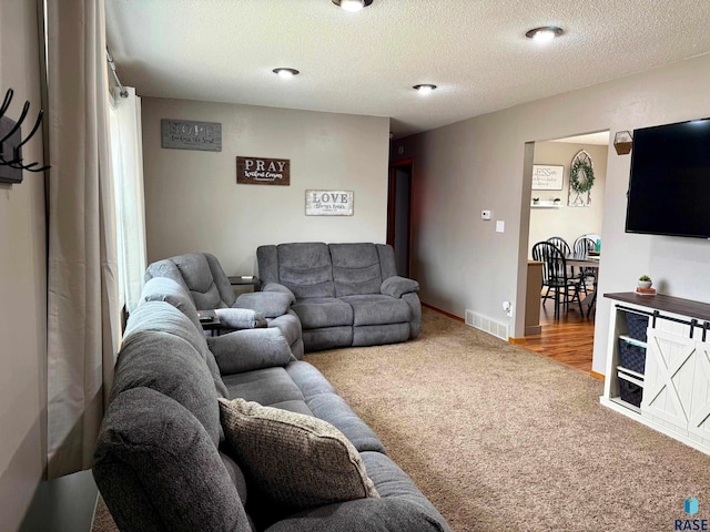 living room with carpet flooring and a textured ceiling