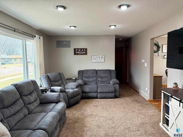 living room featuring carpet and a textured ceiling