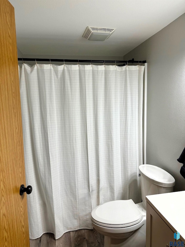 bathroom featuring toilet, vanity, and hardwood / wood-style flooring