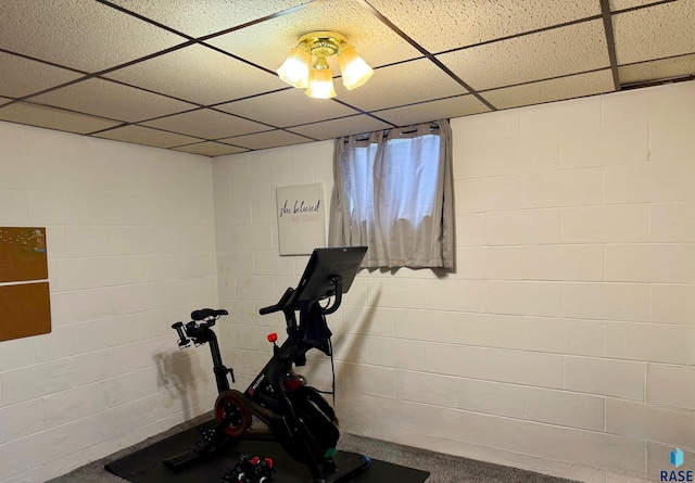 exercise room with a paneled ceiling and carpet